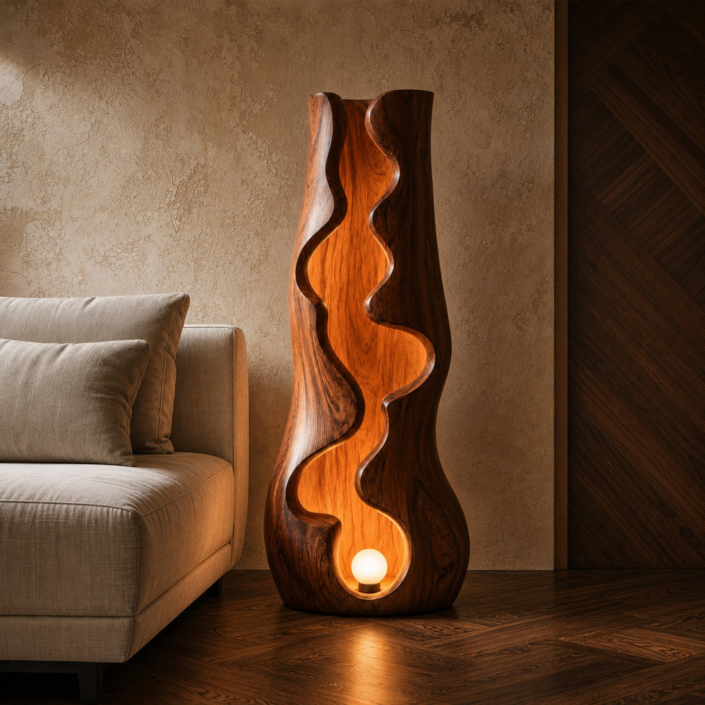 Organic Floor Lamp With Sculptural Wave Wood Design For Living Room And Bedroom