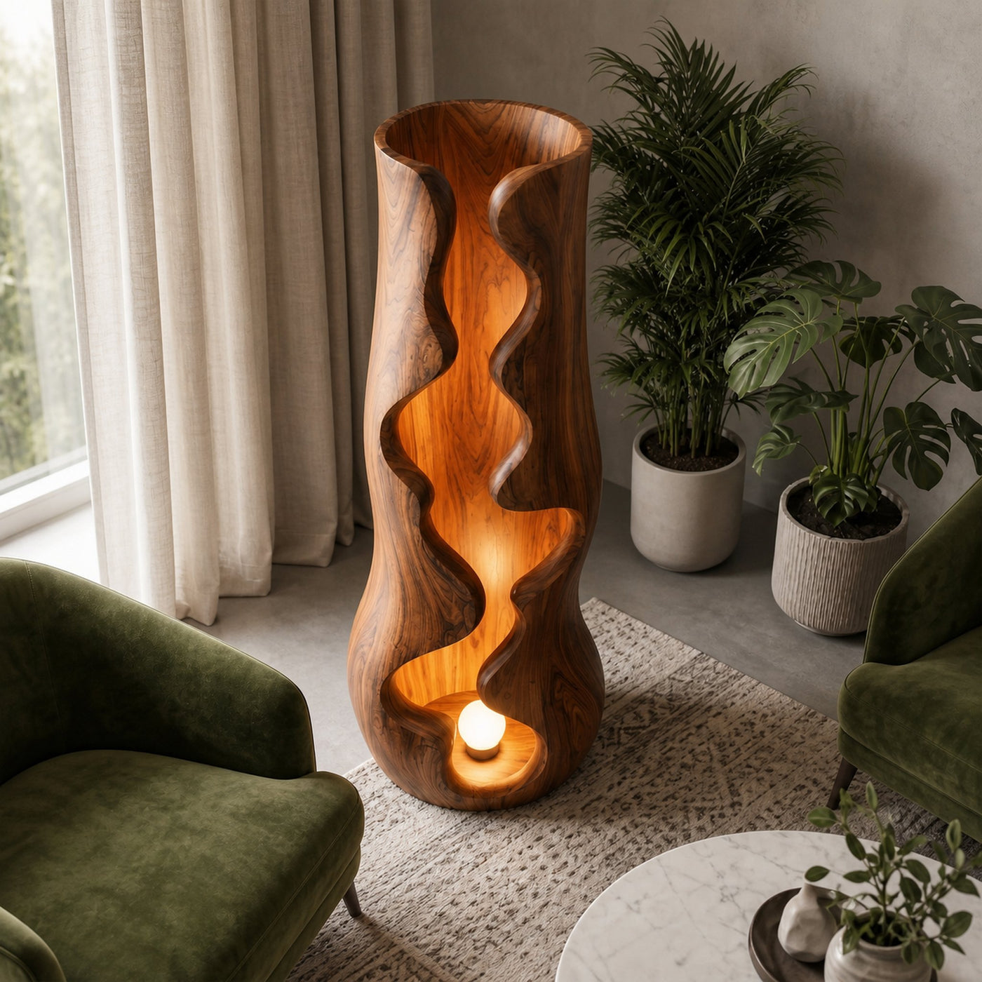 Organic Floor Lamp With Sculptural Wave Wood Design For Living Room And Bedroom - product view 2