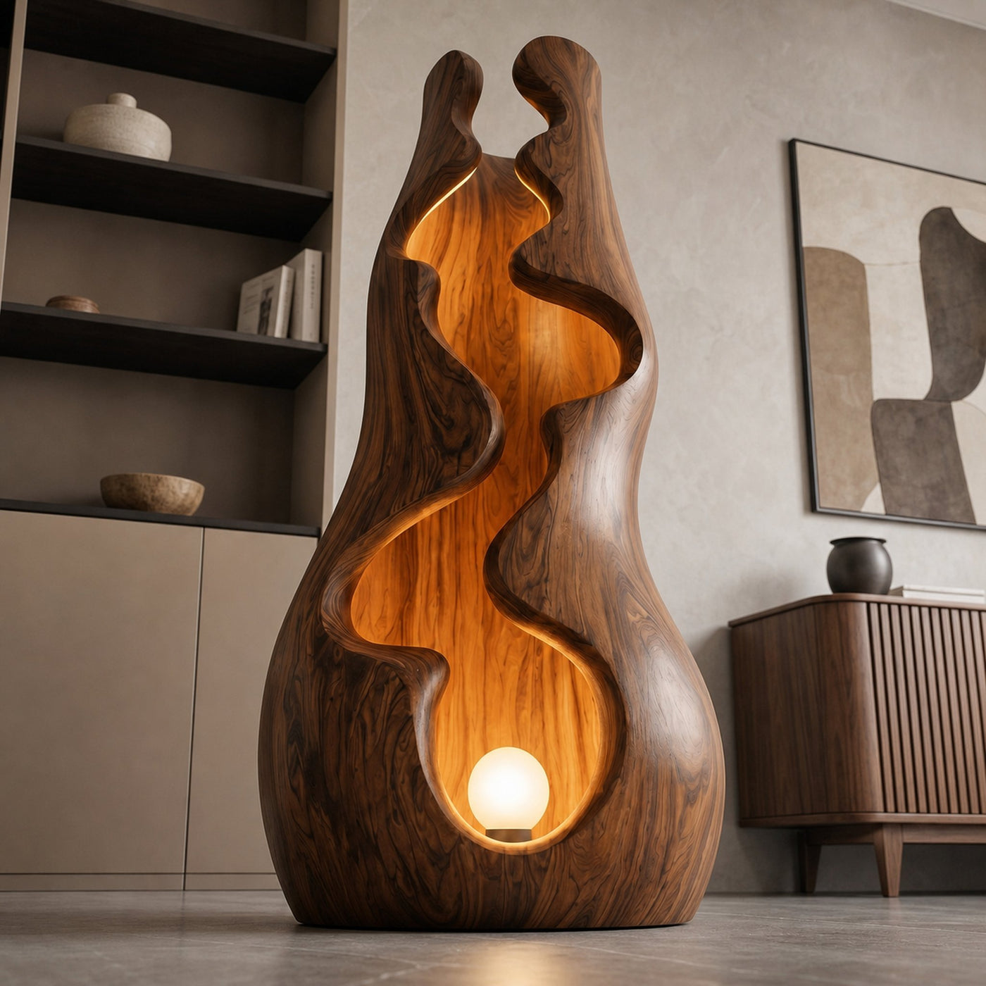 Organic Floor Lamp With Sculptural Wave Wood Design For Living Room And Bedroom - product view 3
