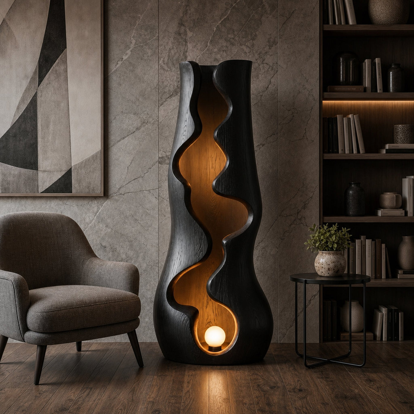 Organic Floor Lamp With Sculptural Wave Wood Design For Living Room And Bedroom - product view 4