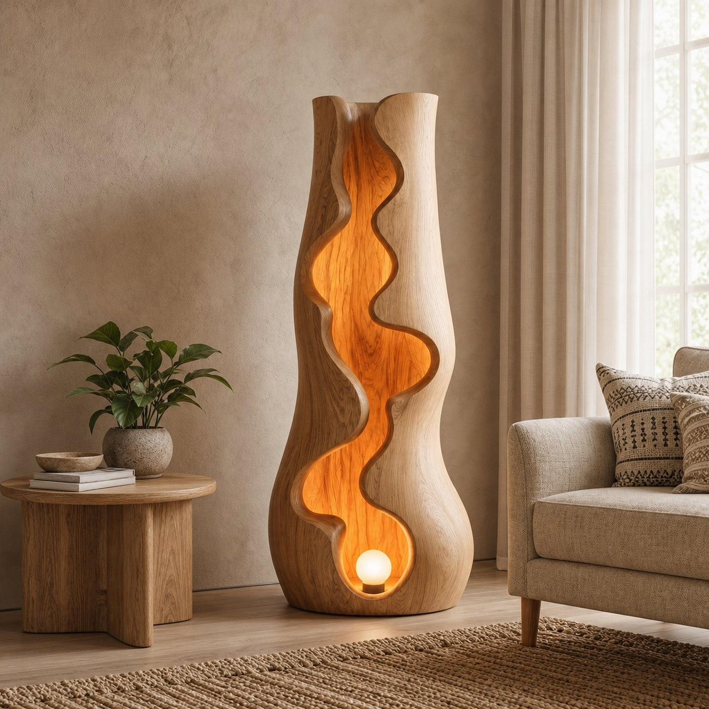 Organic Floor Lamp With Sculptural Wave Wood Design For Living Room And Bedroom - product view 5