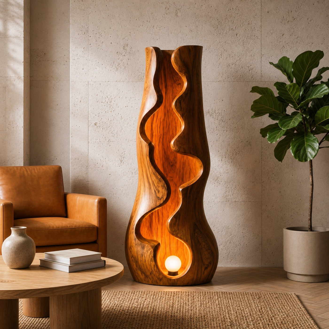 Organic Floor Lamp With Sculptural Wave Wood Design For Living Room And Bedroom - product view 6