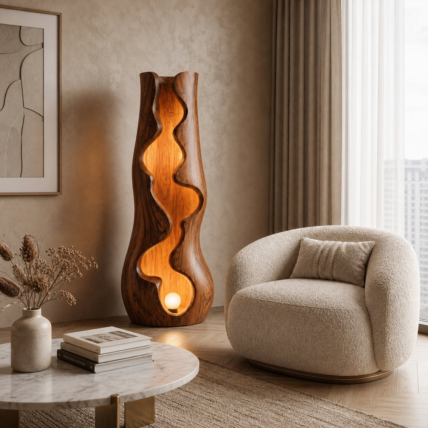Organic Floor Lamp With Sculptural Wave Wood Design For Living Room And Bedroom - product view 7