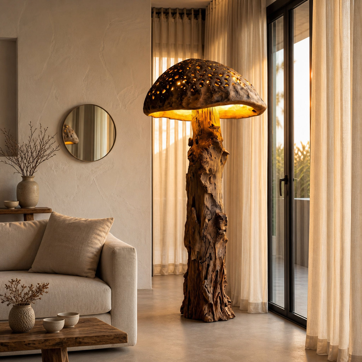 Organic Floor Lamp With Tree Trunk Base And Sculptural Shade For Living Room And Bedroom