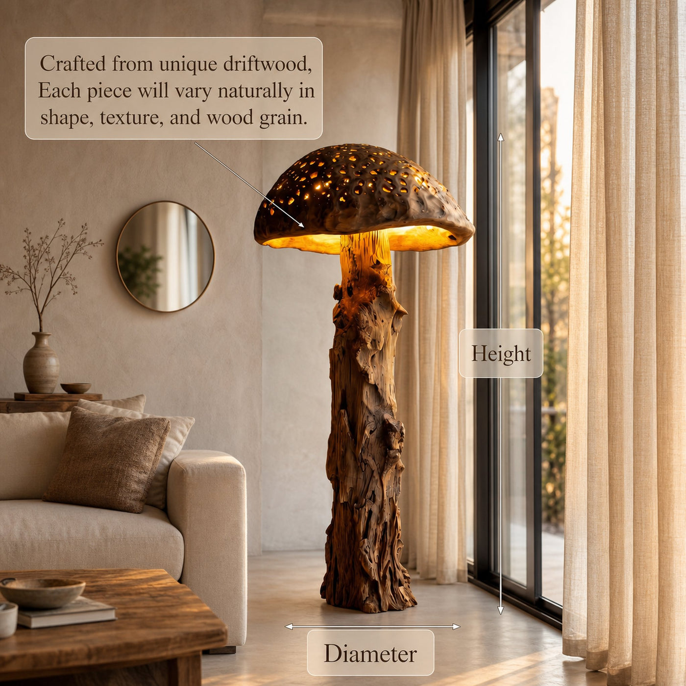 Organic Floor Lamp With Tree Trunk Base And Sculptural Shade For Living Room And Bedroom - product view 6