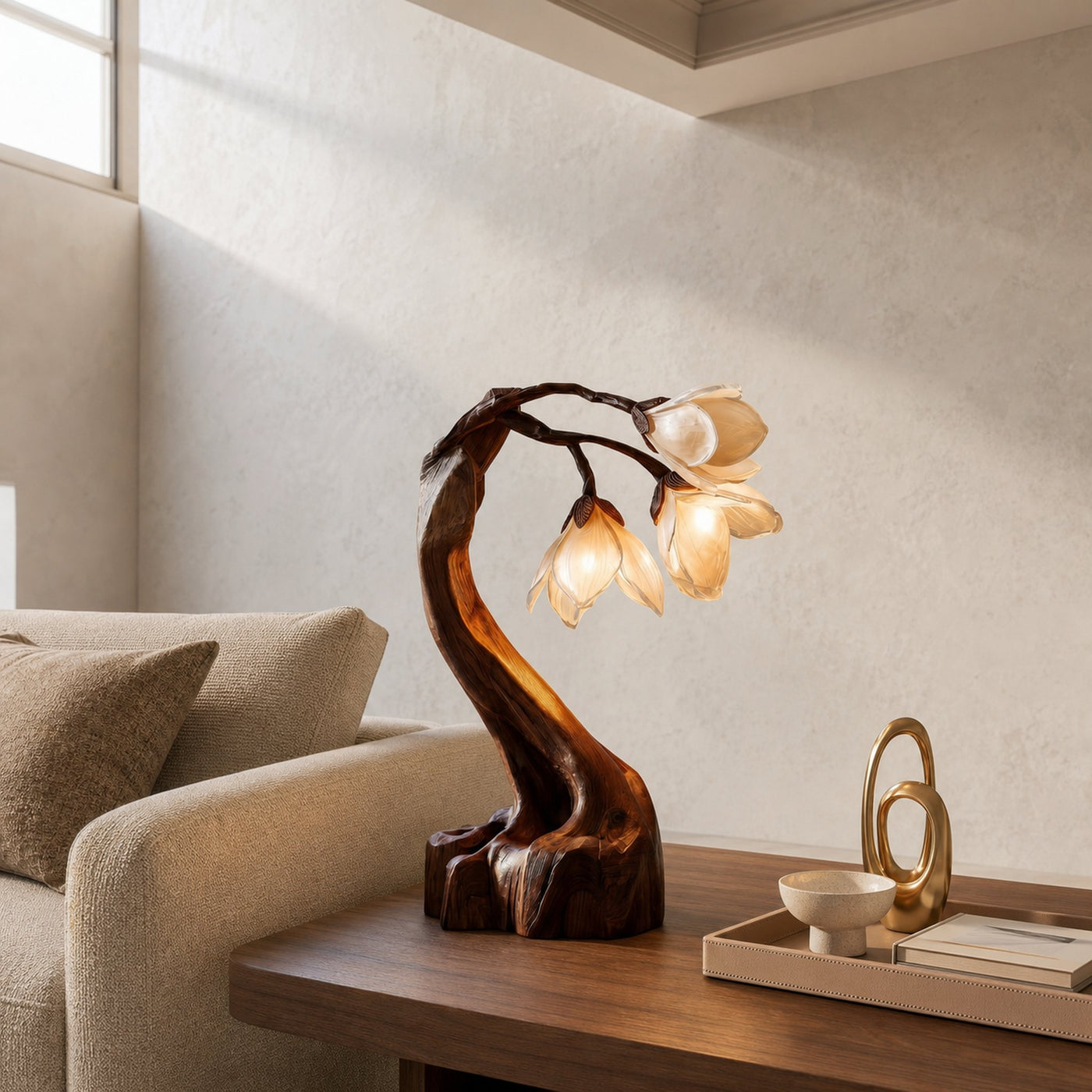 Organic Floral Table Lamp With Sculptural Wood Base For Bedroom And Living Room