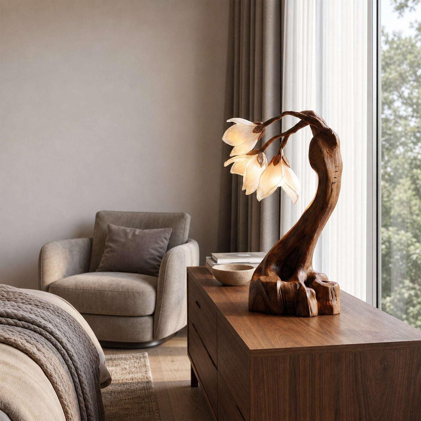 Organic Floral Table Lamp With Sculptural Wood Base For Bedroom And Living Room - product view 2