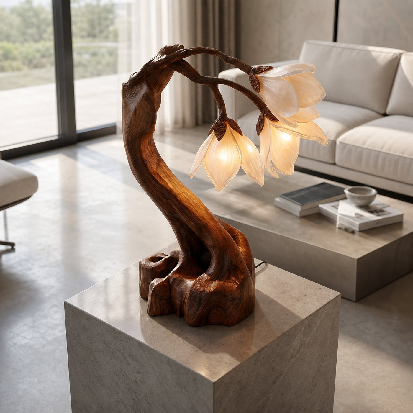 Organic Floral Table Lamp With Sculptural Wood Base For Bedroom And Living Room - product view 3