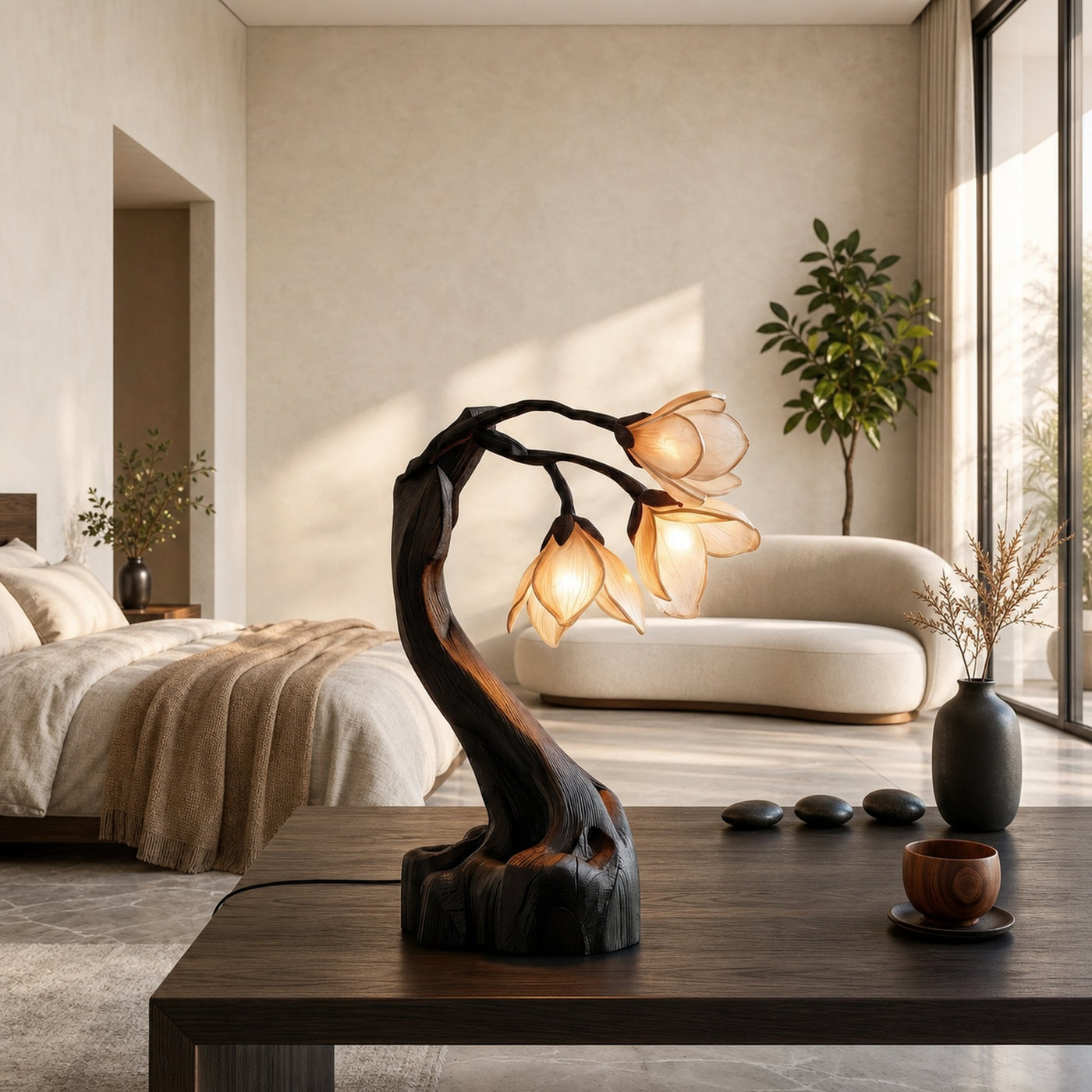 Organic Floral Table Lamp With Sculptural Wood Base For Bedroom And Living Room - product view 4