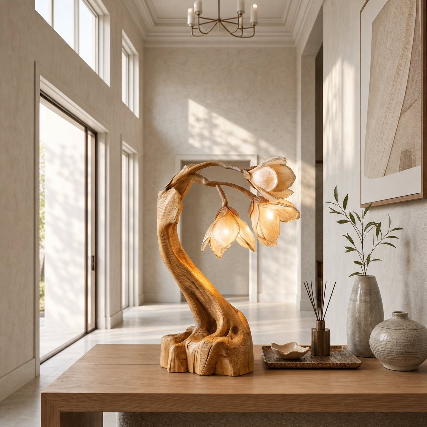 Organic Floral Table Lamp With Sculptural Wood Base For Bedroom And Living Room - product view 5