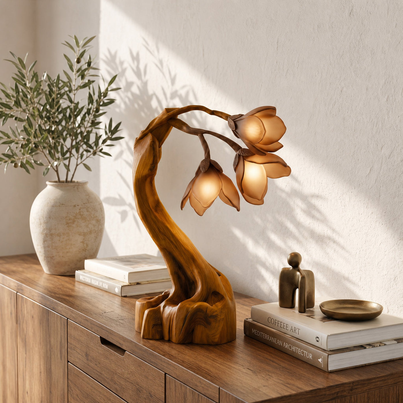 Organic Floral Table Lamp With Sculptural Wood Base For Bedroom And Living Room - product view 6