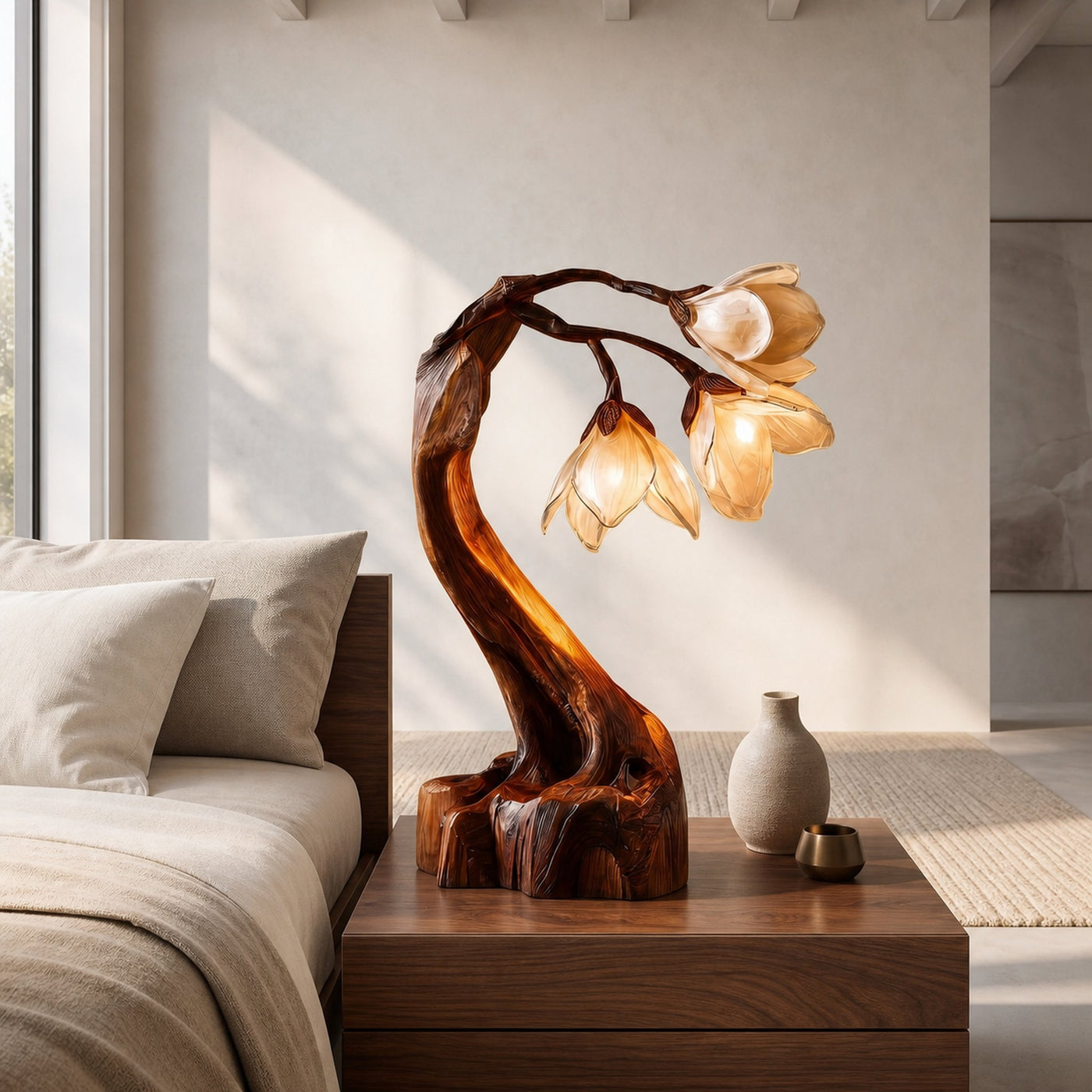 Organic Floral Table Lamp With Sculptural Wood Base For Bedroom And Living Room - product view 7