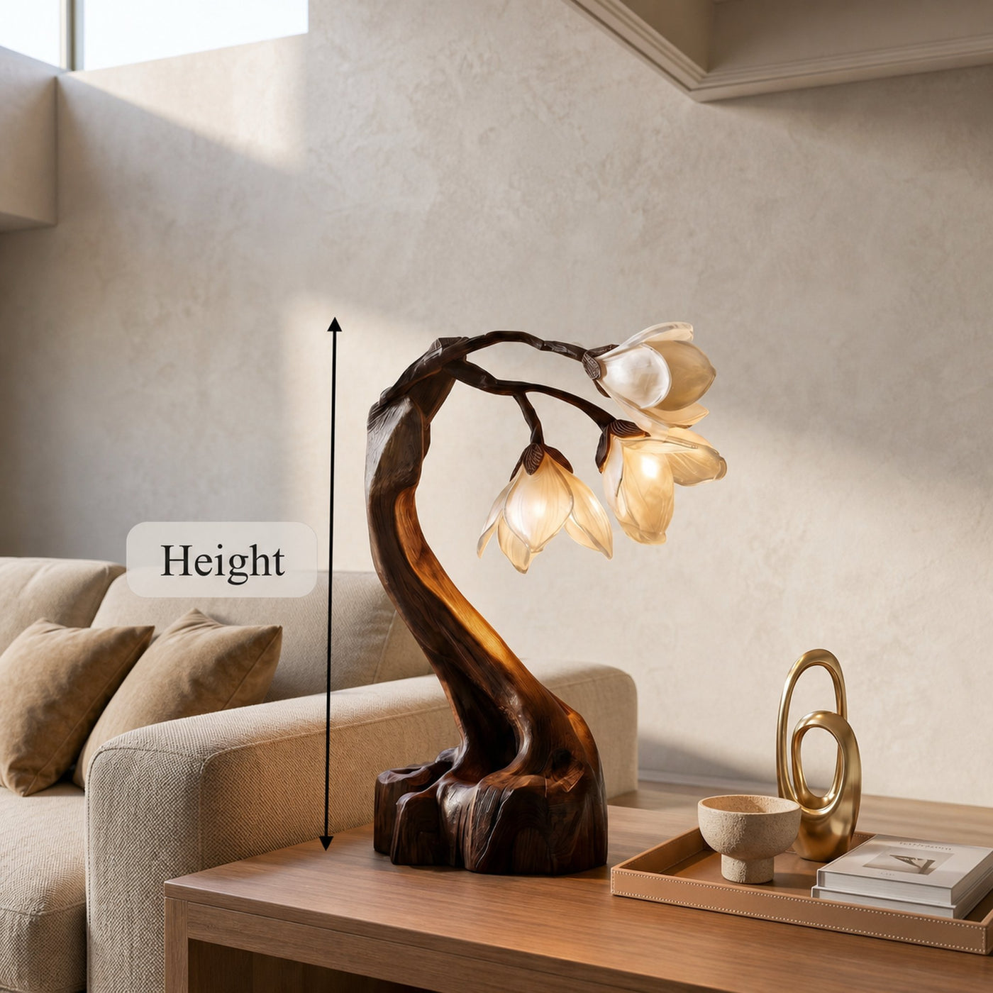 Organic Floral Table Lamp With Sculptural Wood Base For Bedroom And Living Room - product view 8