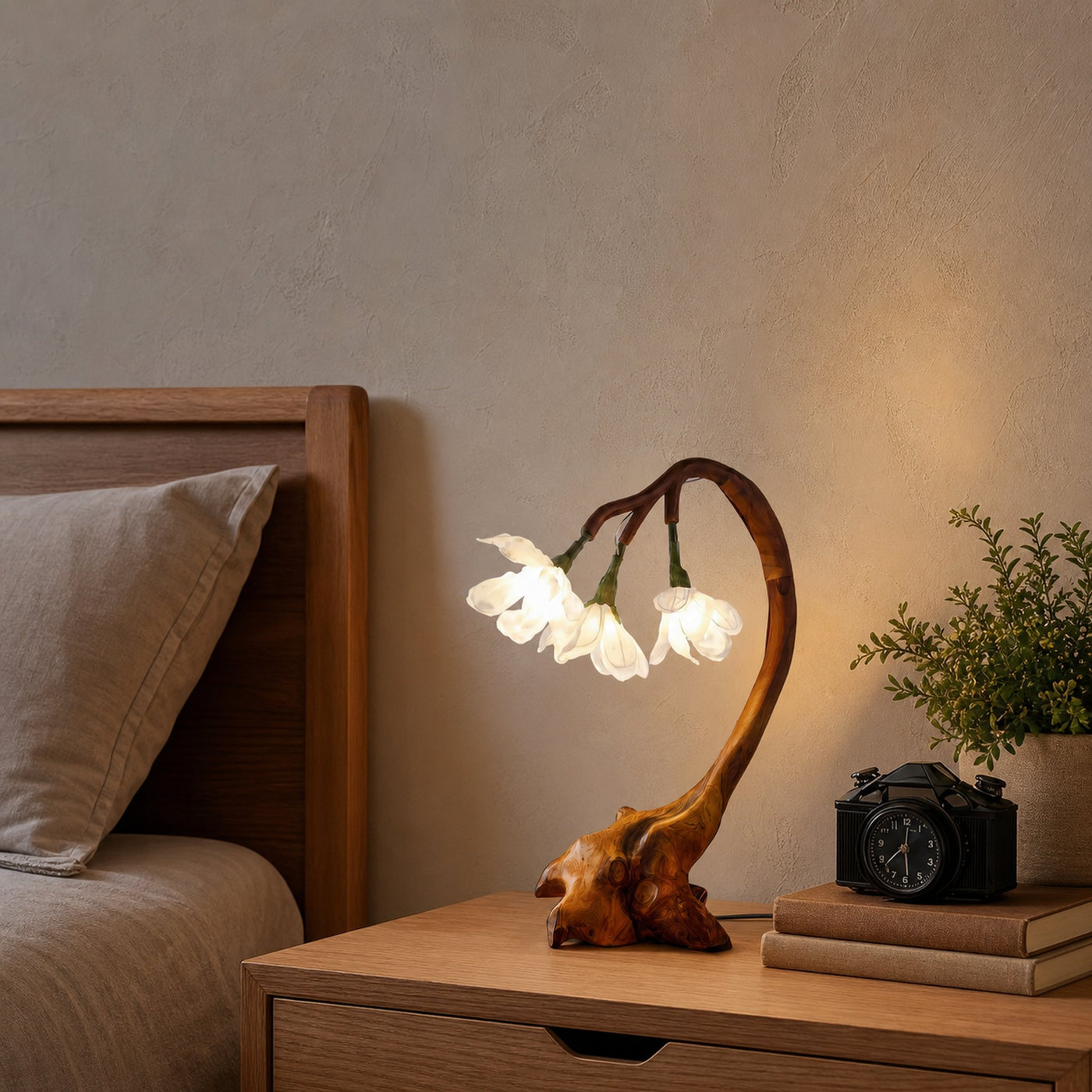 Organic Flower Table Lamp With Sculptural Wood Base For Bedroom And Living Room