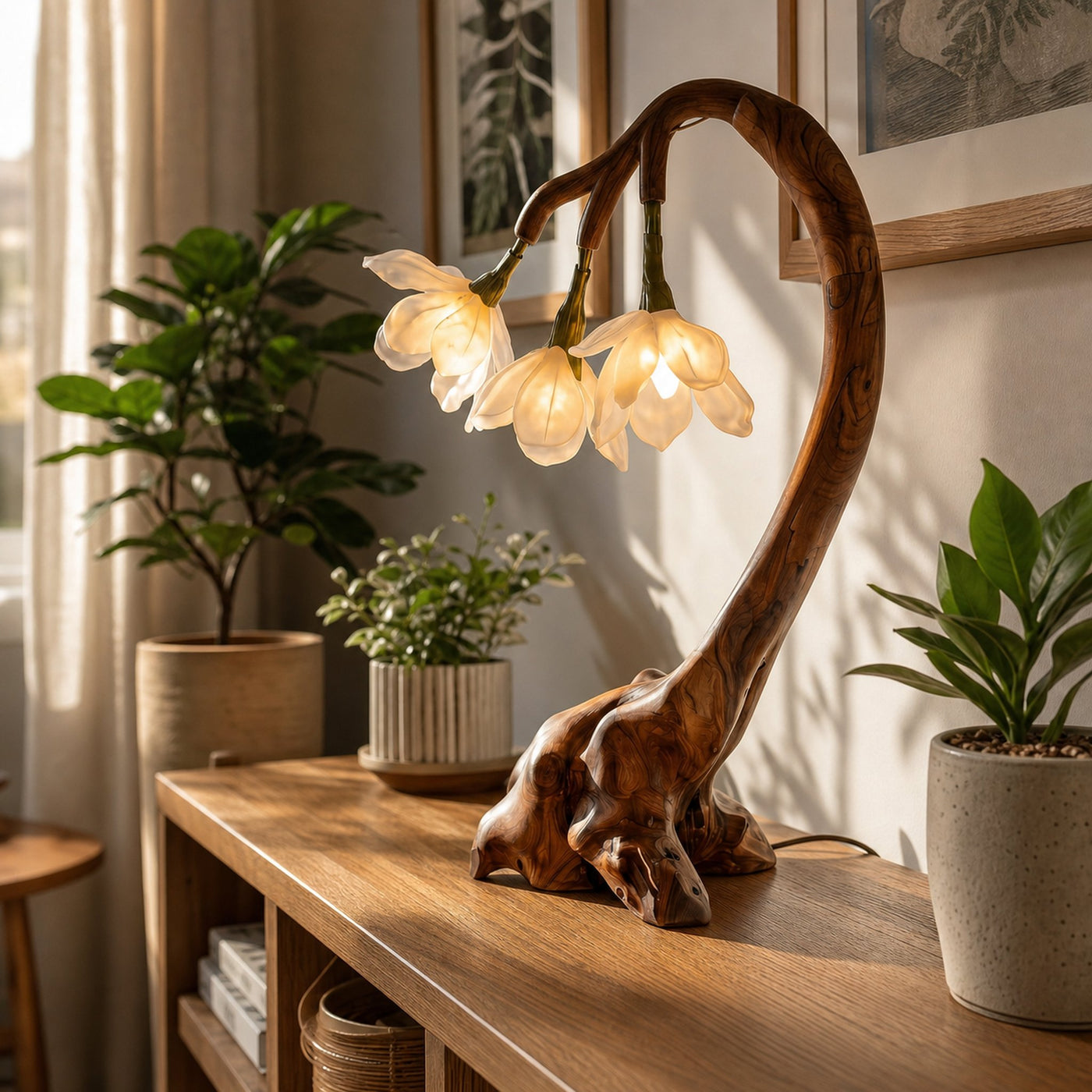 Organic Flower Table Lamp With Sculptural Wood Base For Bedroom And Living Room - product view 2
