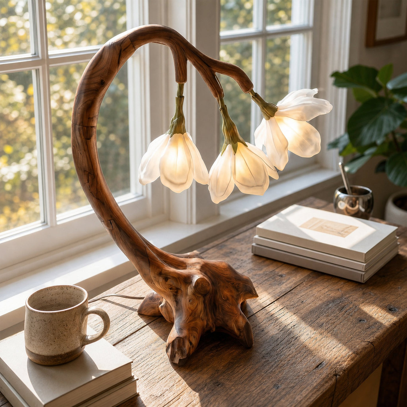 Organic Flower Table Lamp With Sculptural Wood Base For Bedroom And Living Room - product view 3