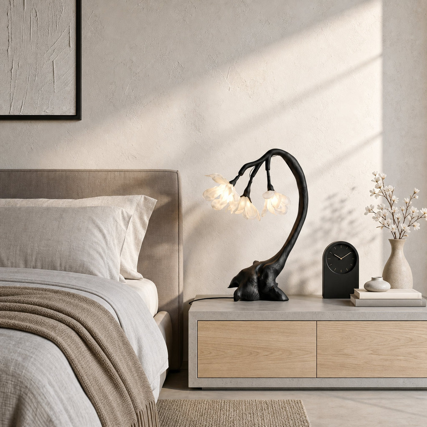 Organic Flower Table Lamp With Sculptural Wood Base For Bedroom And Living Room - product view 4