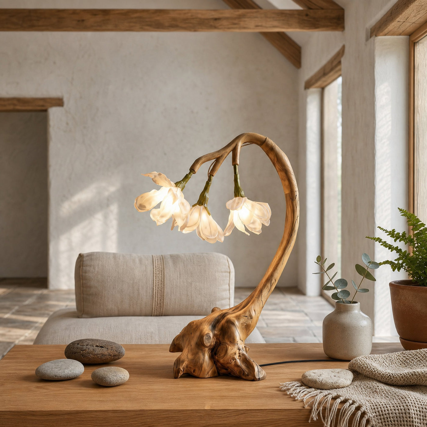 Organic Flower Table Lamp With Sculptural Wood Base For Bedroom And Living Room - product view 5