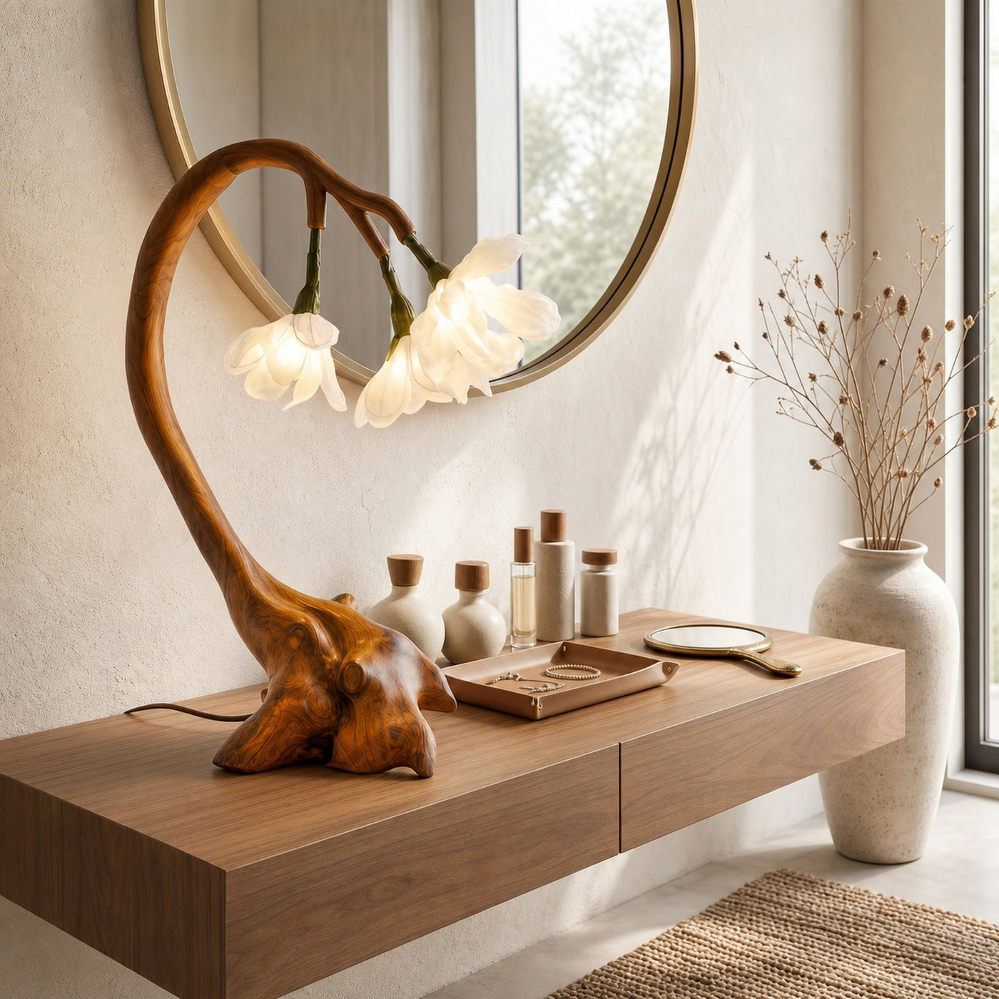 Organic Flower Table Lamp With Sculptural Wood Base For Bedroom And Living Room - product view 6