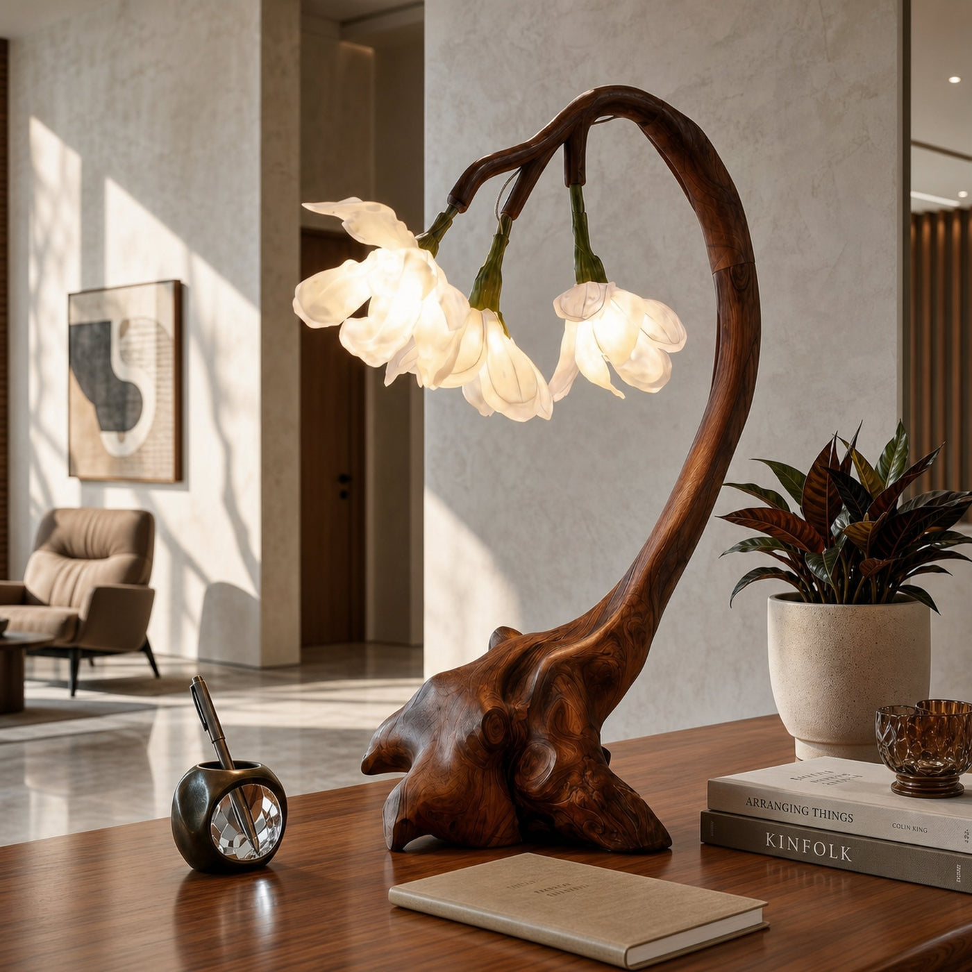 Organic Flower Table Lamp With Sculptural Wood Base For Bedroom And Living Room - product view 7