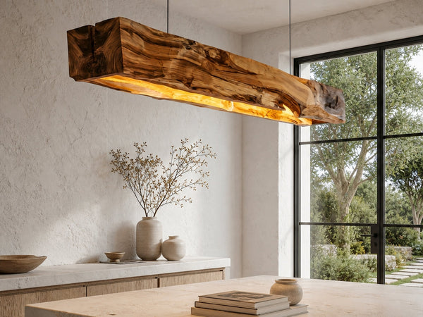 Organic Modern Pendant Light With Sculptural Wood Beam For Living Room And Kitchen