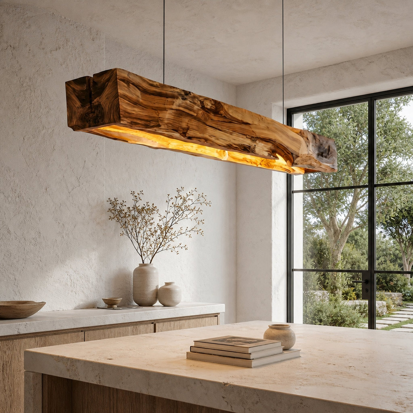 Organic Modern Pendant Light With Sculptural Wood Beam For Living Room And Kitchen