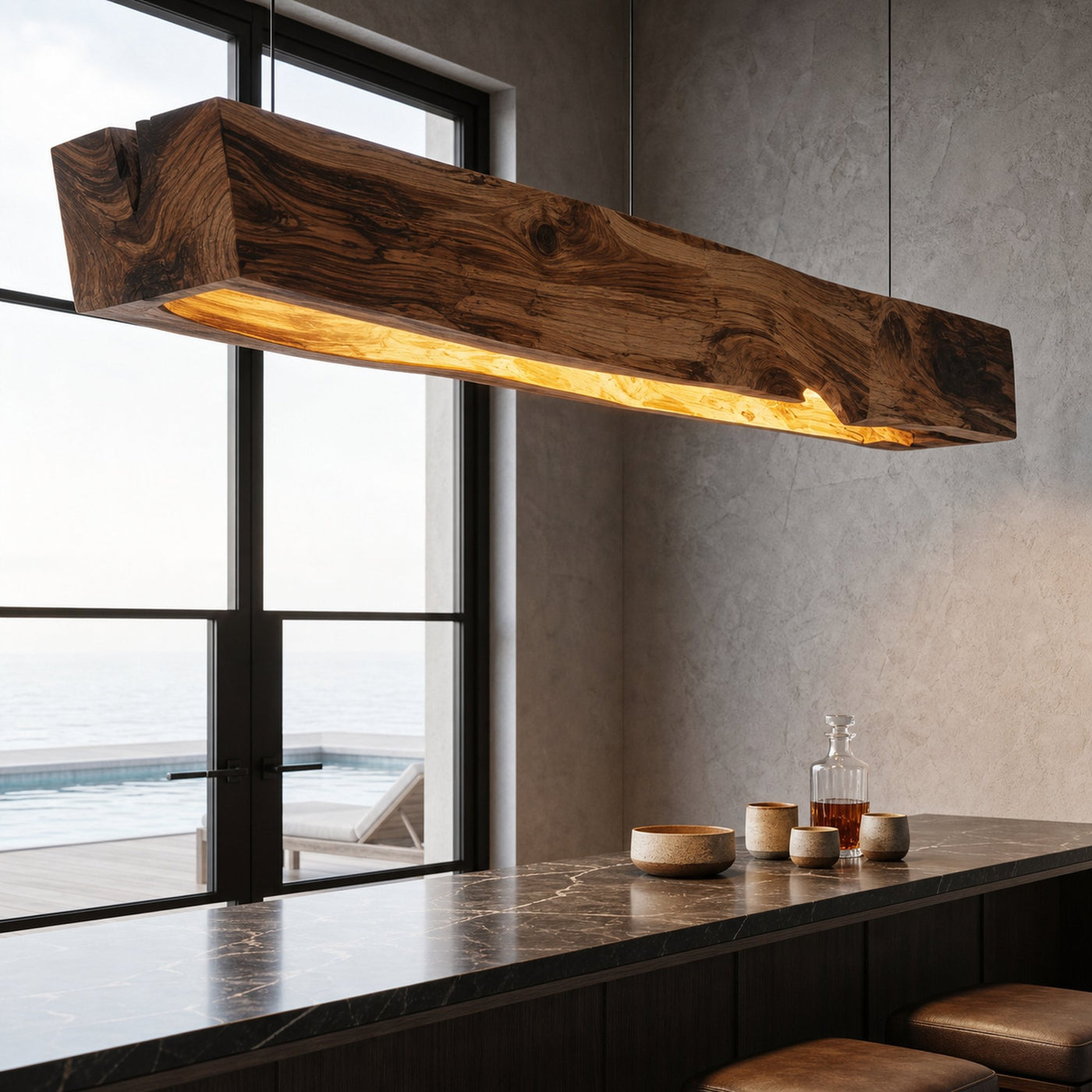 Organic Modern Pendant Light With Sculptural Wood Beam For Living Room And Kitchen - product view 3