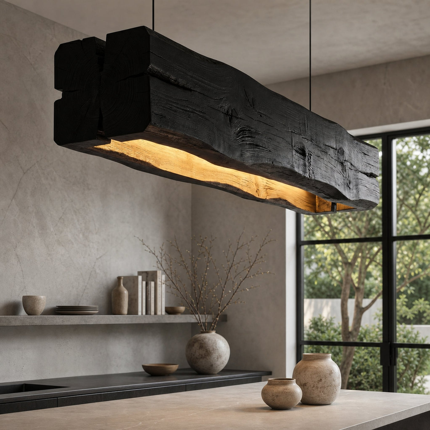 Organic Modern Pendant Light With Sculptural Wood Beam For Living Room And Kitchen - product view 4