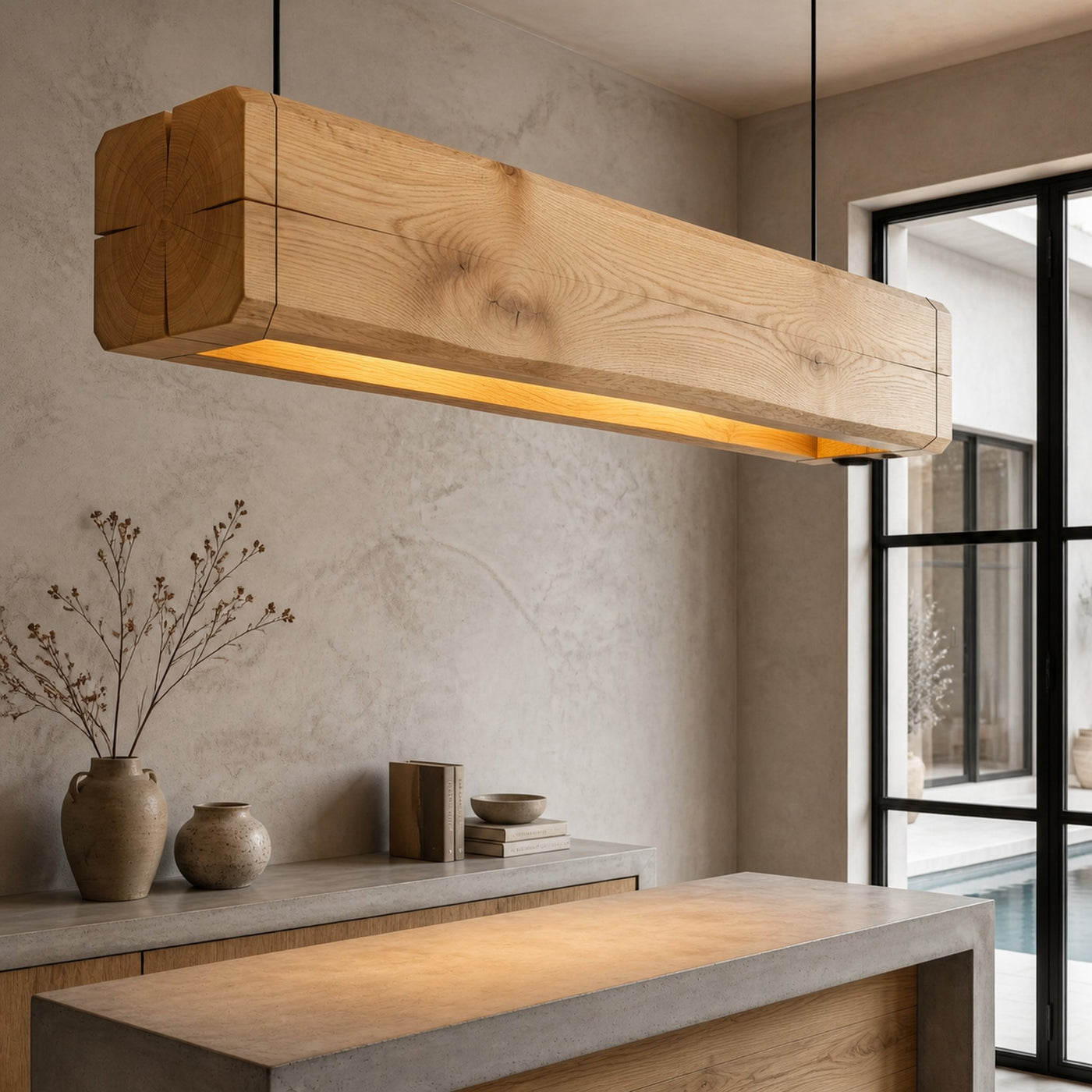Organic Modern Pendant Light With Sculptural Wood Beam For Living Room And Kitchen - product view 5
