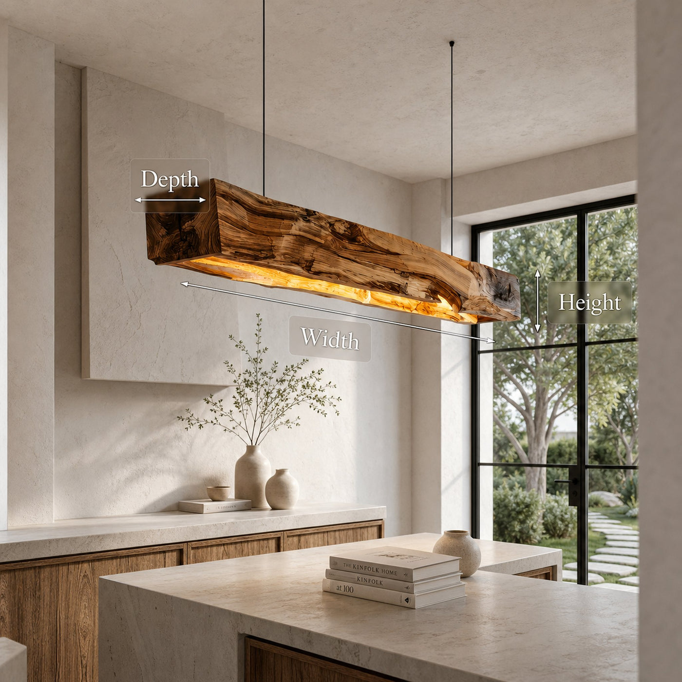 Organic Modern Pendant Light With Sculptural Wood Beam For Living Room And Kitchen - product view 8