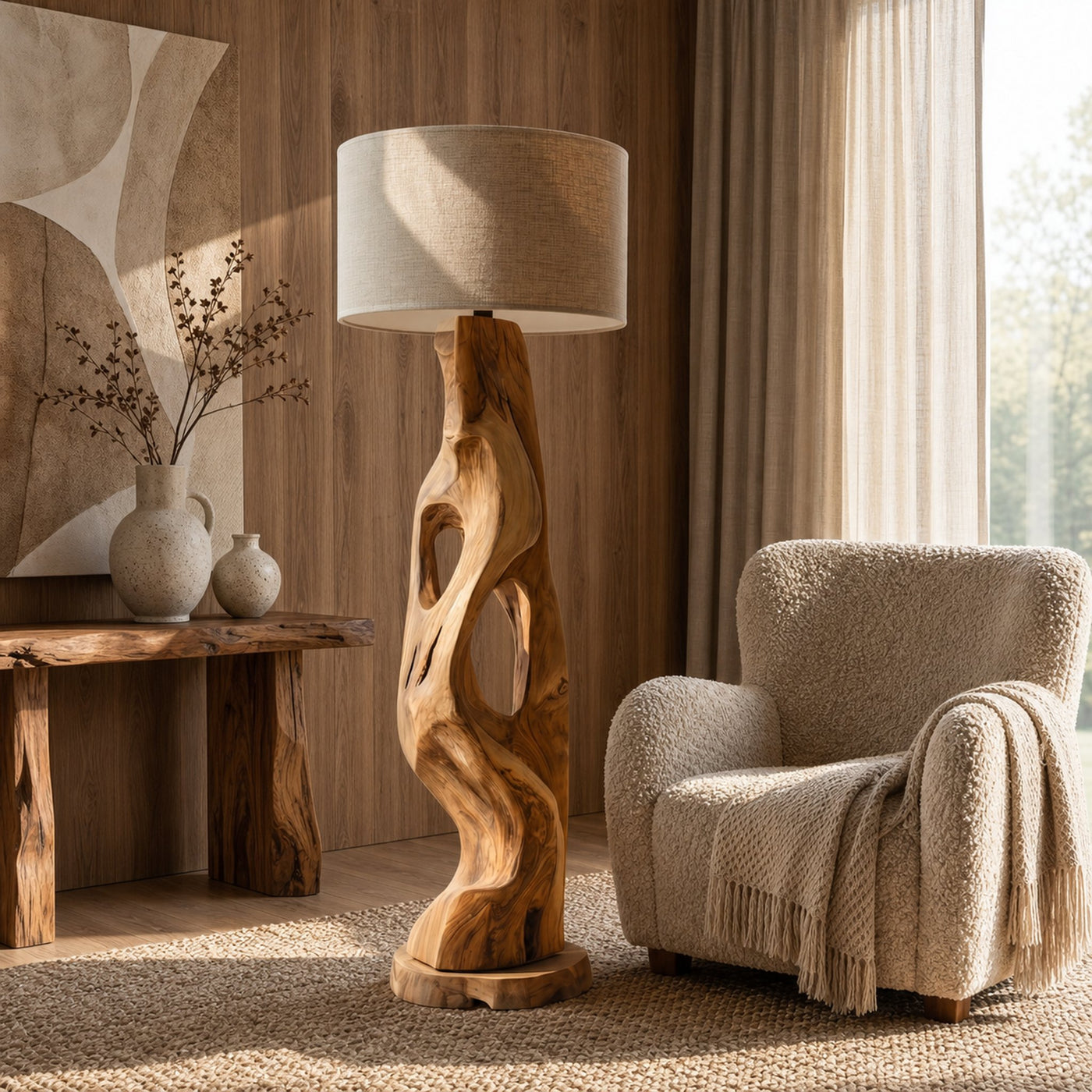 Organic Modern Standing Lamp With Artistic Solid Wood Base For Living Room