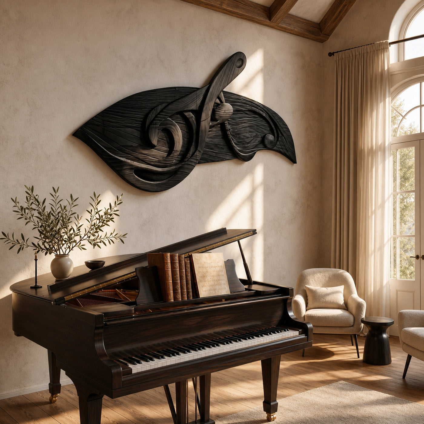 Organic Music Note Wall Art With Guitar Motif For Living Room - product view 4