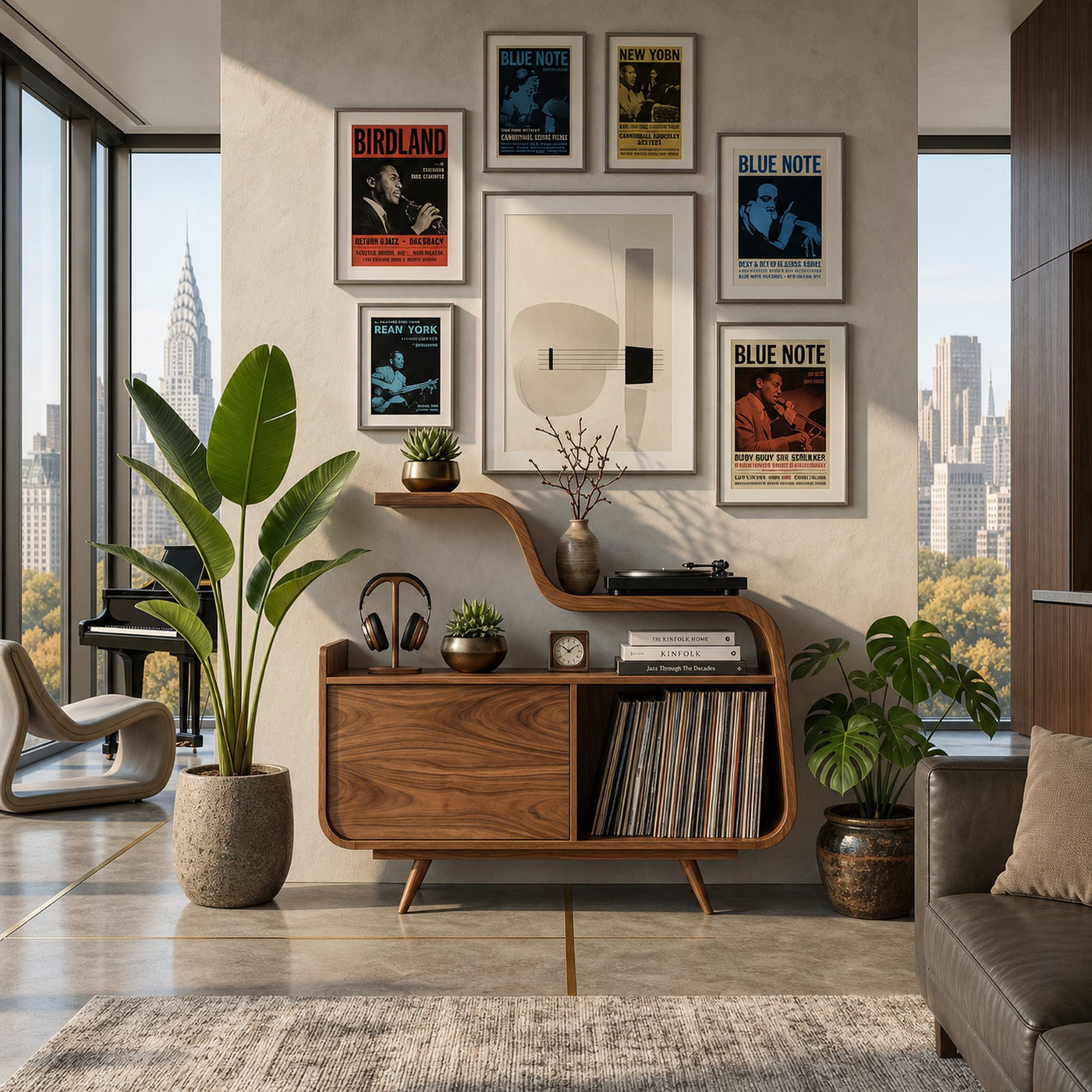Organic Record Player Cabinet With Unique Curved Shelf For Home