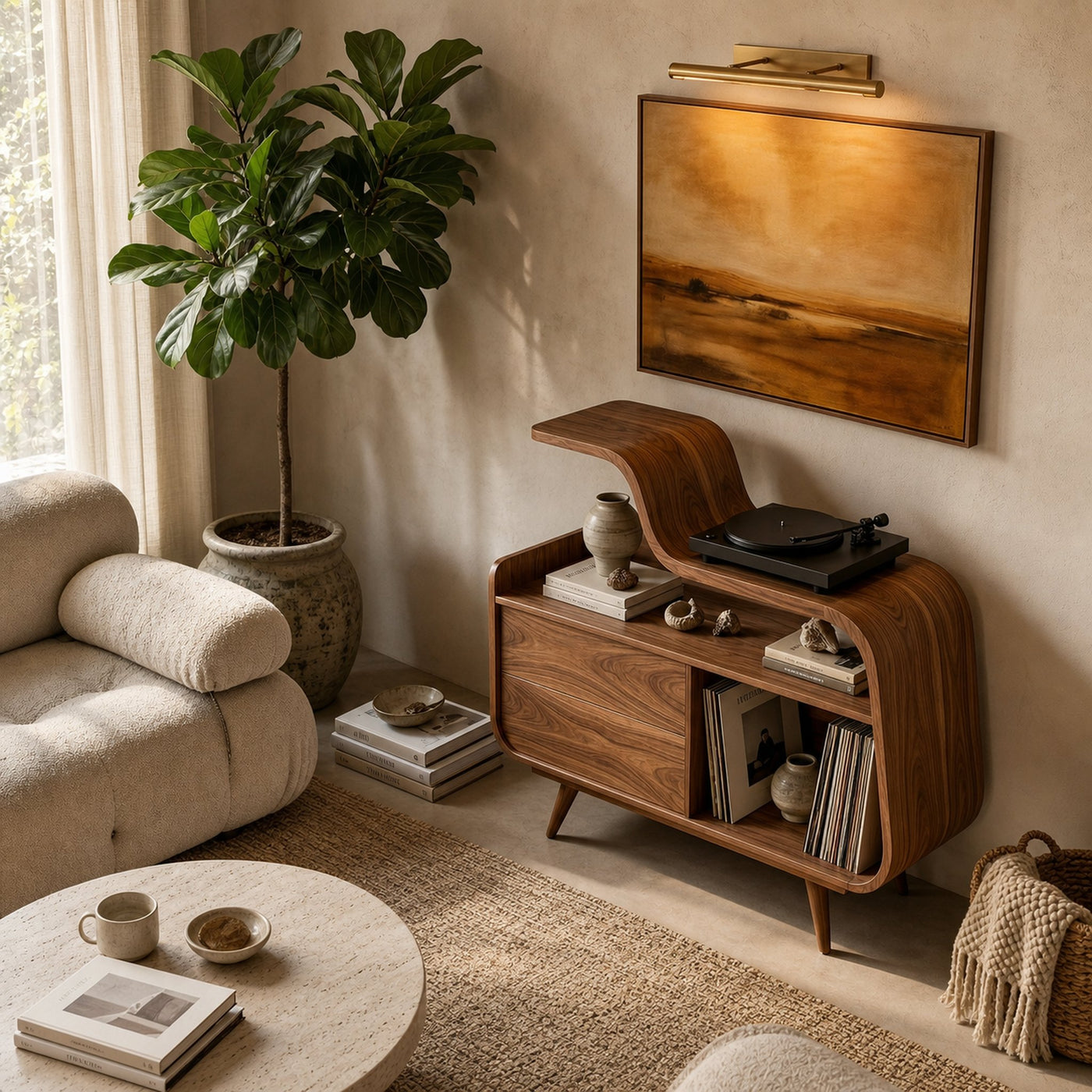 Organic Record Player Cabinet With Unique Curved Shelf For Home - product view 2