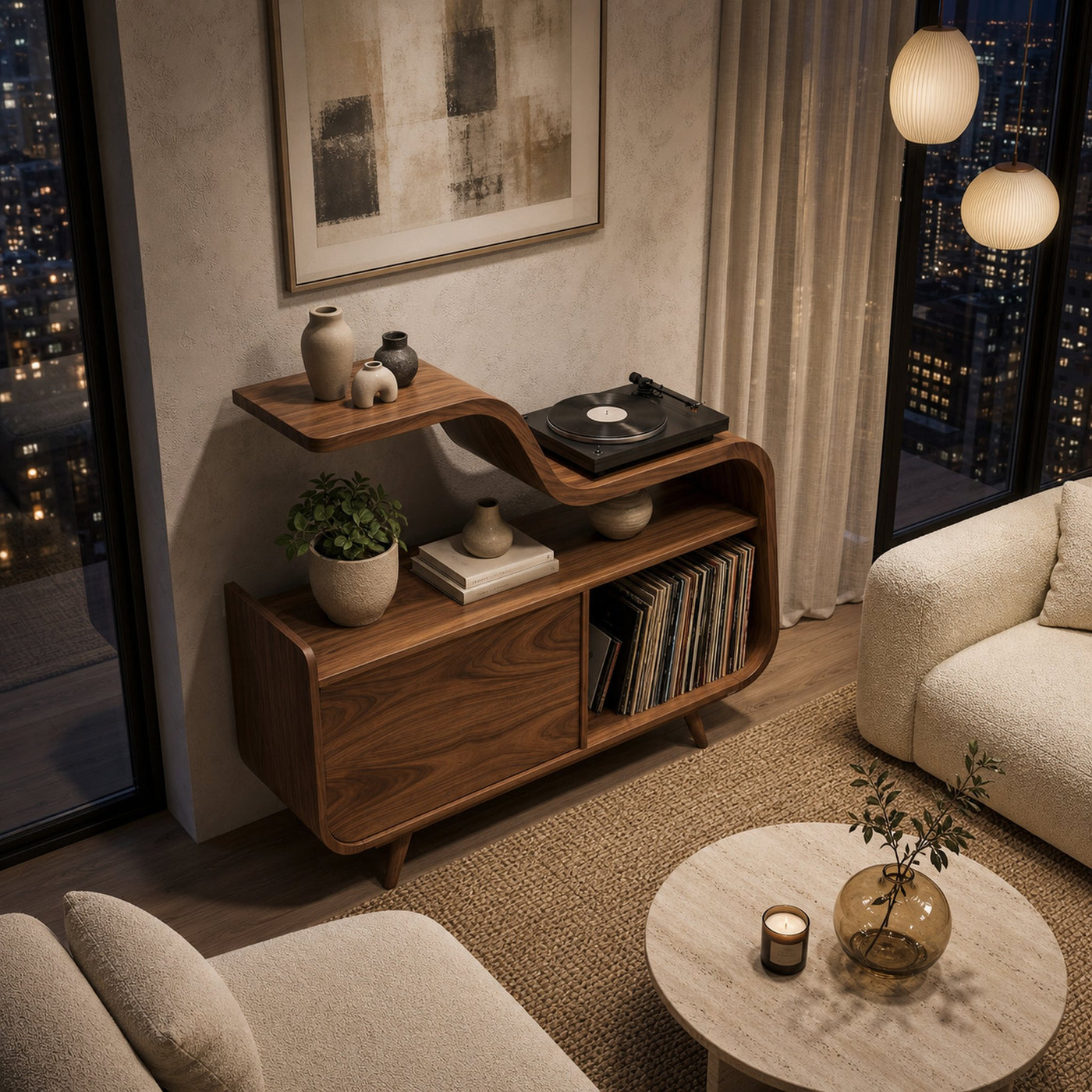 Organic Record Player Cabinet With Unique Curved Shelf For Home - product view 3