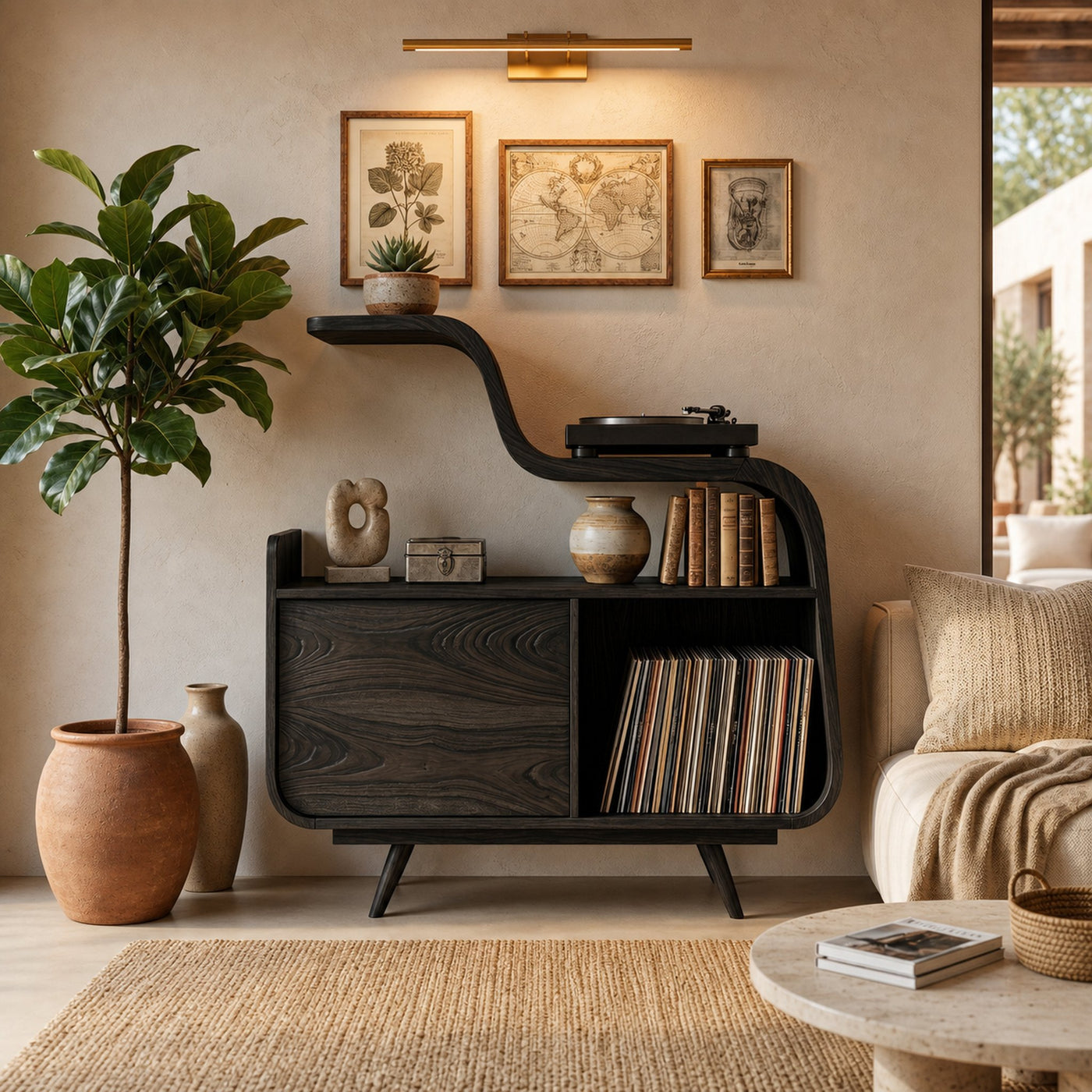 Organic Record Player Cabinet With Unique Curved Shelf For Home - product view 4