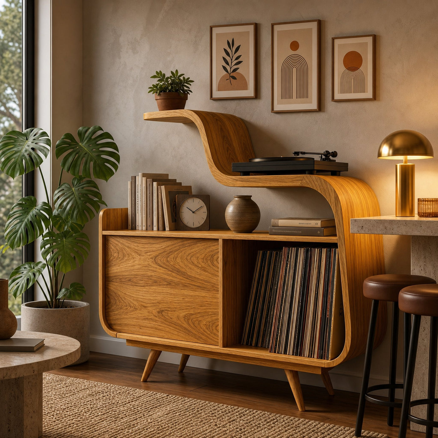 Organic Record Player Cabinet With Unique Curved Shelf For Home - product view 5