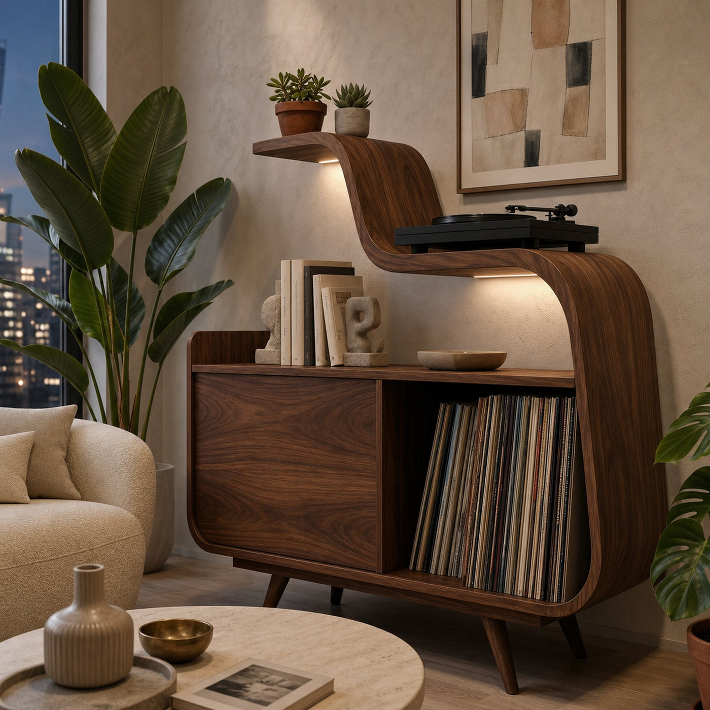 Organic Record Player Cabinet With Unique Curved Shelf For Home - product view 7