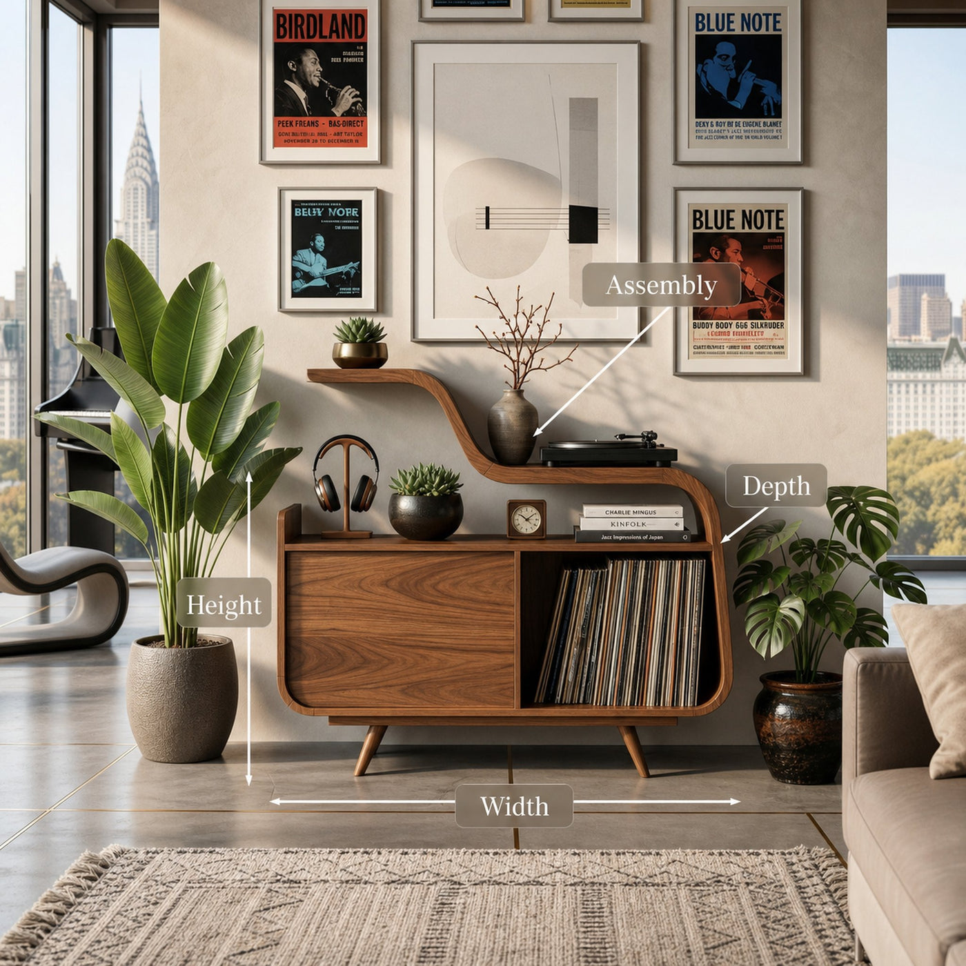 Organic Record Player Cabinet With Unique Curved Shelf For Home - product view 8