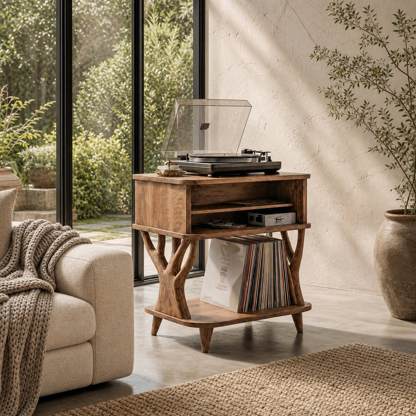 Organic Record Player Stand With Built In Drawer Storage And Vinyl Shelf For Living Room