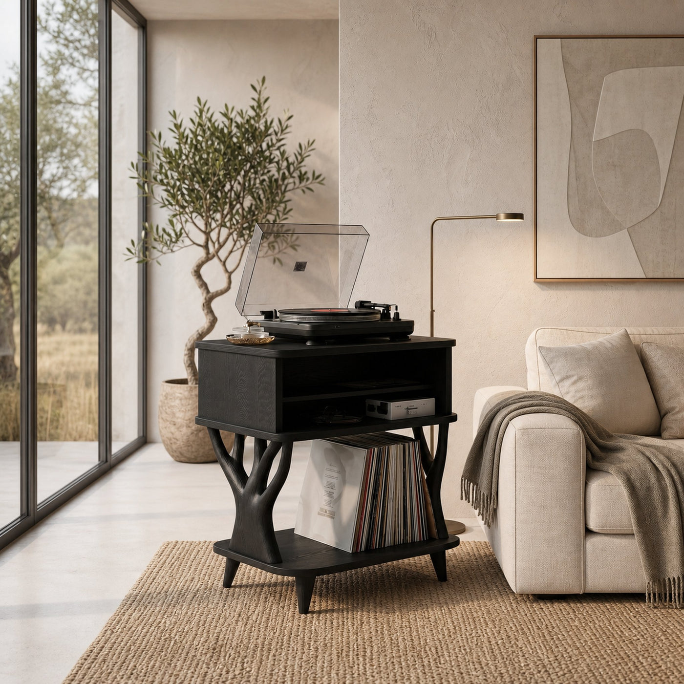Organic Record Player Stand With Built In Drawer Storage And Vinyl Shelf For Living Room - product view 4