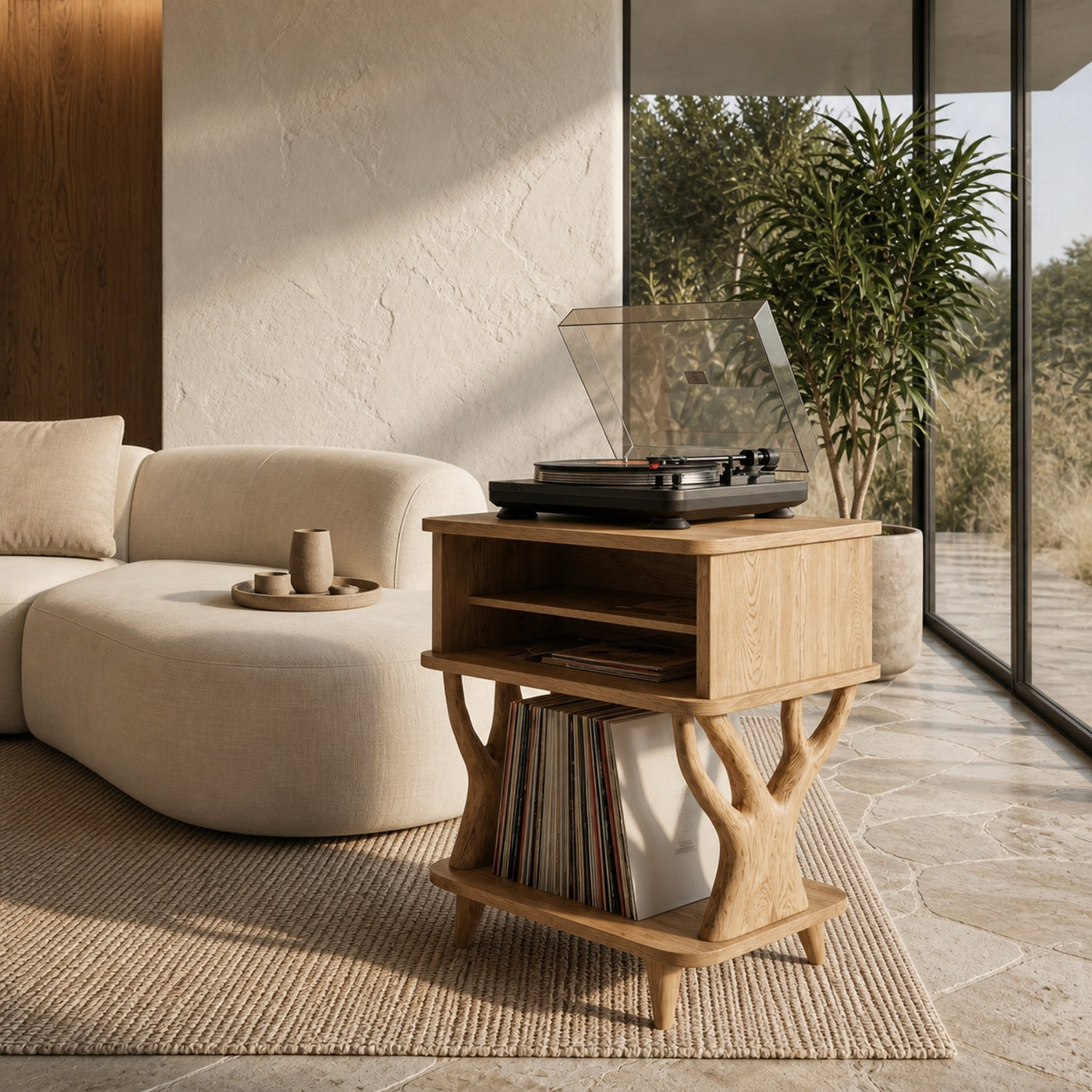 Organic Record Player Stand With Built In Drawer Storage And Vinyl Shelf For Living Room - product view 5