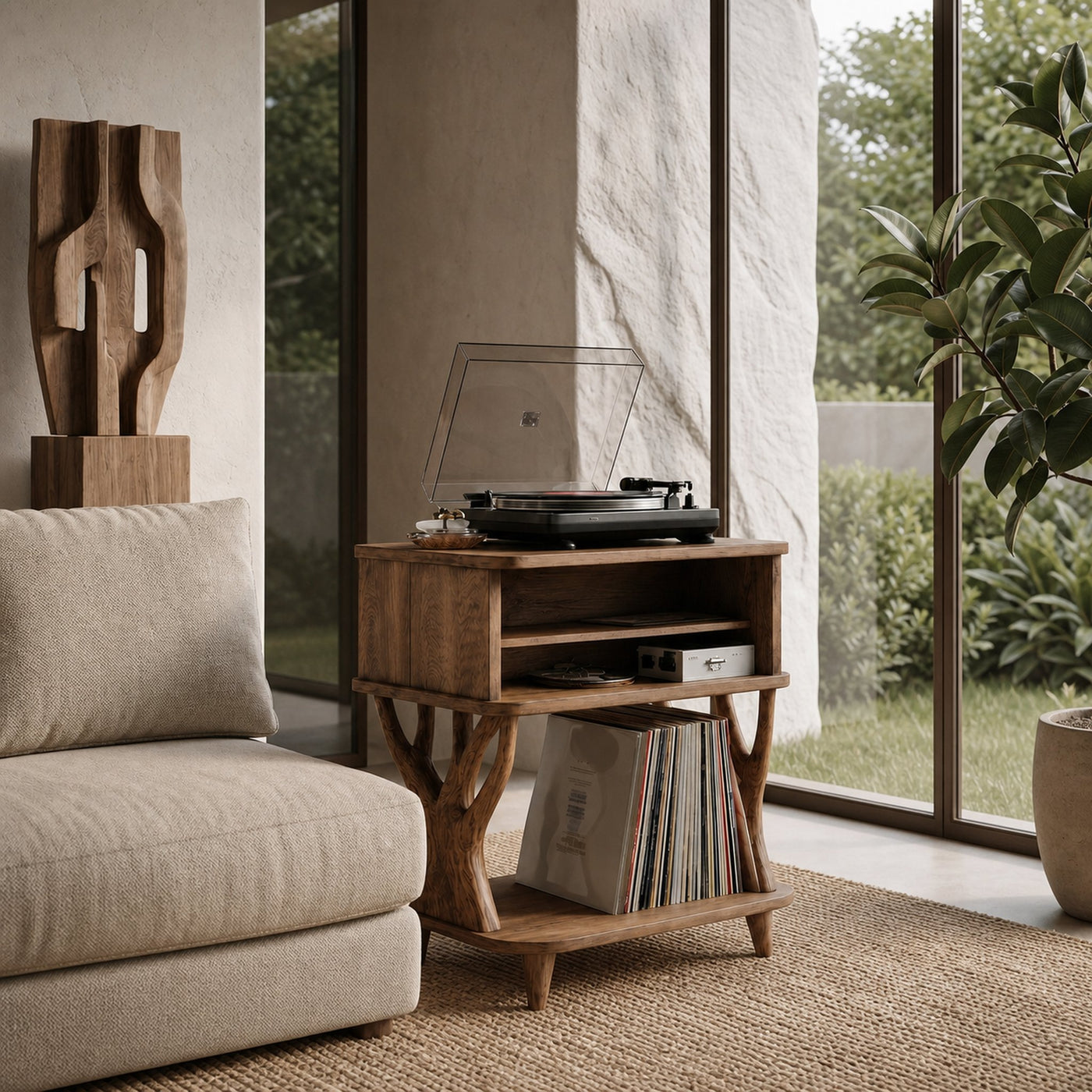 Organic Record Player Stand With Built In Drawer Storage And Vinyl Shelf For Living Room - product view 6