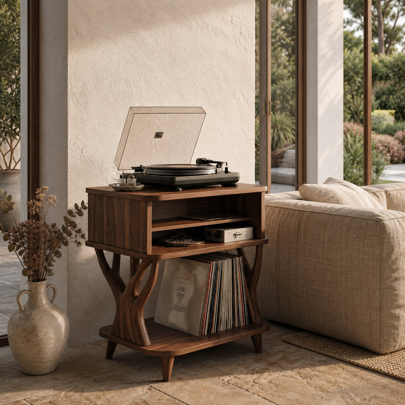 Organic Record Player Stand With Built In Drawer Storage And Vinyl Shelf For Living Room - product view 7