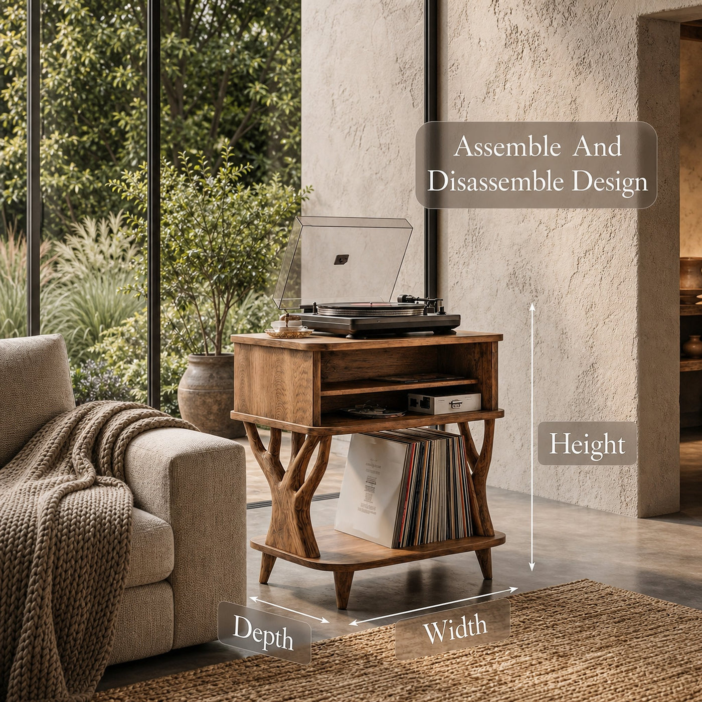Organic Record Player Stand With Built In Drawer Storage And Vinyl Shelf For Living Room - product view 8