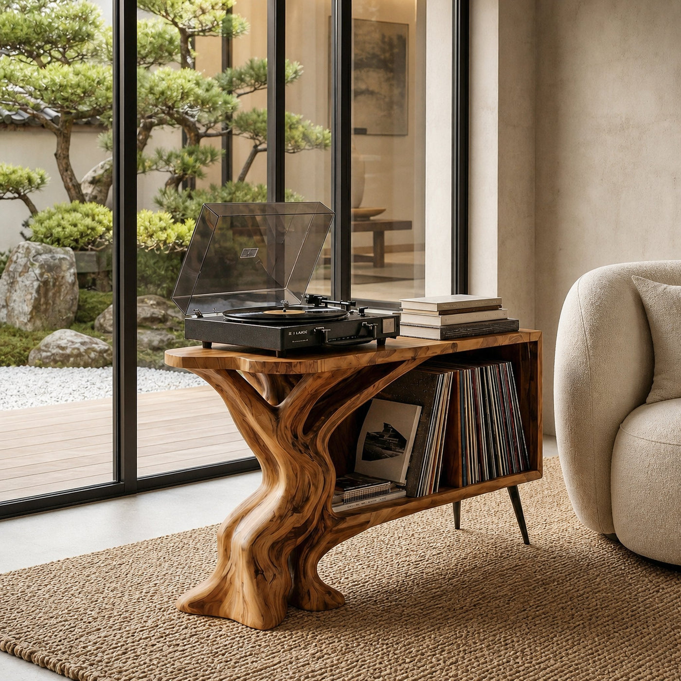 Organic Record Player Stand With Sculptural Tree Root Base And Vinyl Storage For Living Room
