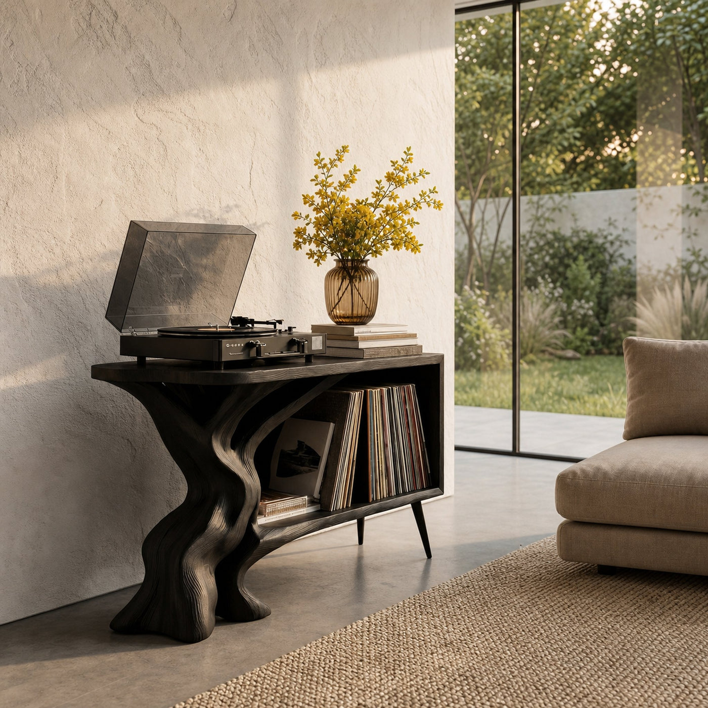 Organic Record Player Stand With Sculptural Tree Root Base And Vinyl Storage For Living Room - product view 4