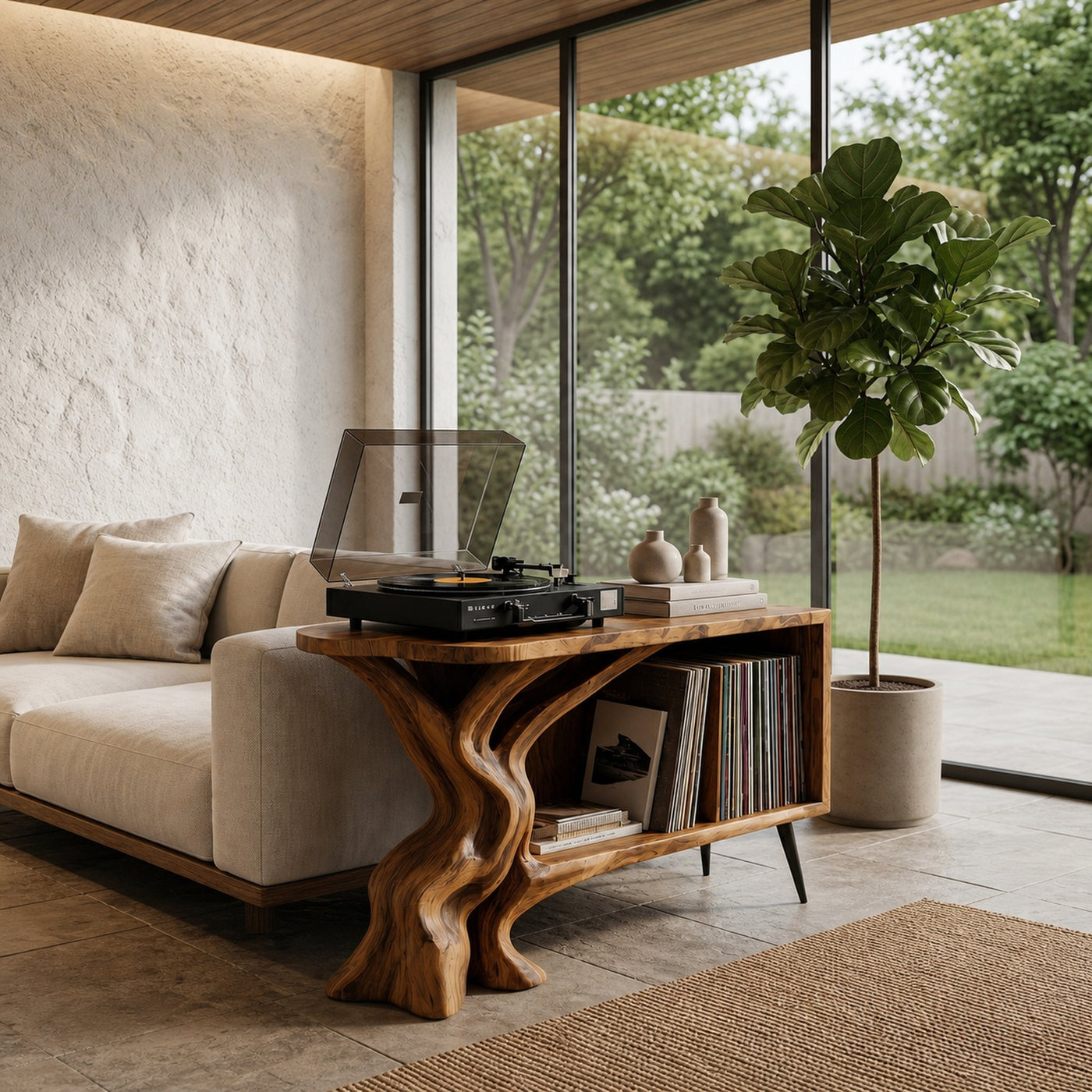 Organic Record Player Stand With Sculptural Tree Root Base And Vinyl Storage For Living Room - product view 6