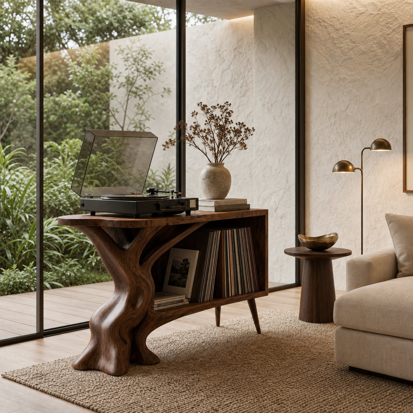 Organic Record Player Stand With Sculptural Tree Root Base And Vinyl Storage For Living Room - product view 7