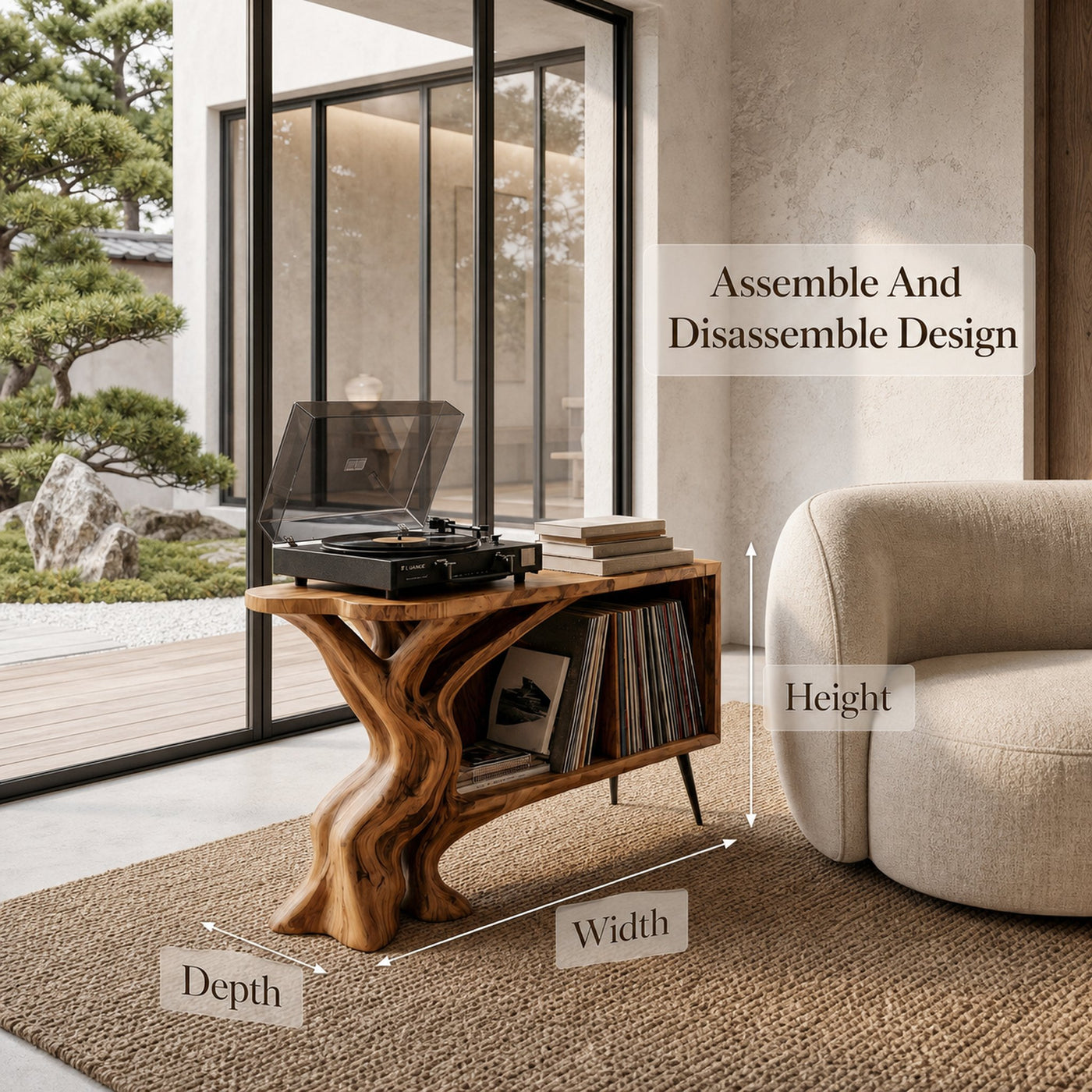 Organic Record Player Stand With Sculptural Tree Root Base And Vinyl Storage For Living Room - product view 8